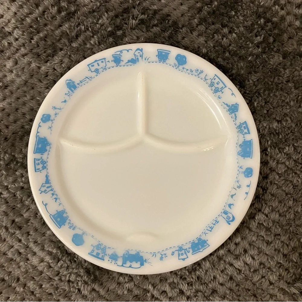 Vintage Pyrex child's divided milk glass plate with a blue "Kid's Train" pattern - Picture 1 of 6